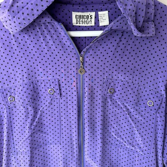 Chicos Design Silk Purple Polka Dot Zip Up Hooded Lightweight Jacket Size L (2) - Picture 6 of 14